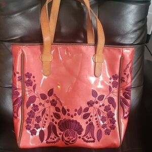 Consuela Coral and Purple Embroidered Floral Tote